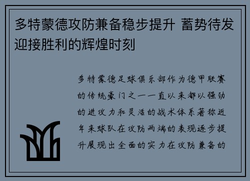 多特蒙德攻防兼备稳步提升 蓄势待发迎接胜利的辉煌时刻